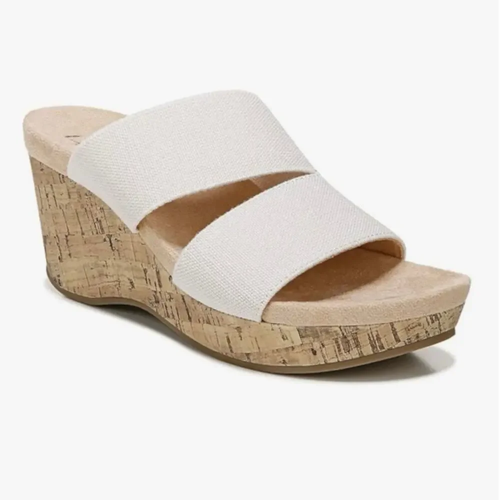 Life Stride Divine Neutral Double Strap Wedge Cork Heel Sandals Size 6